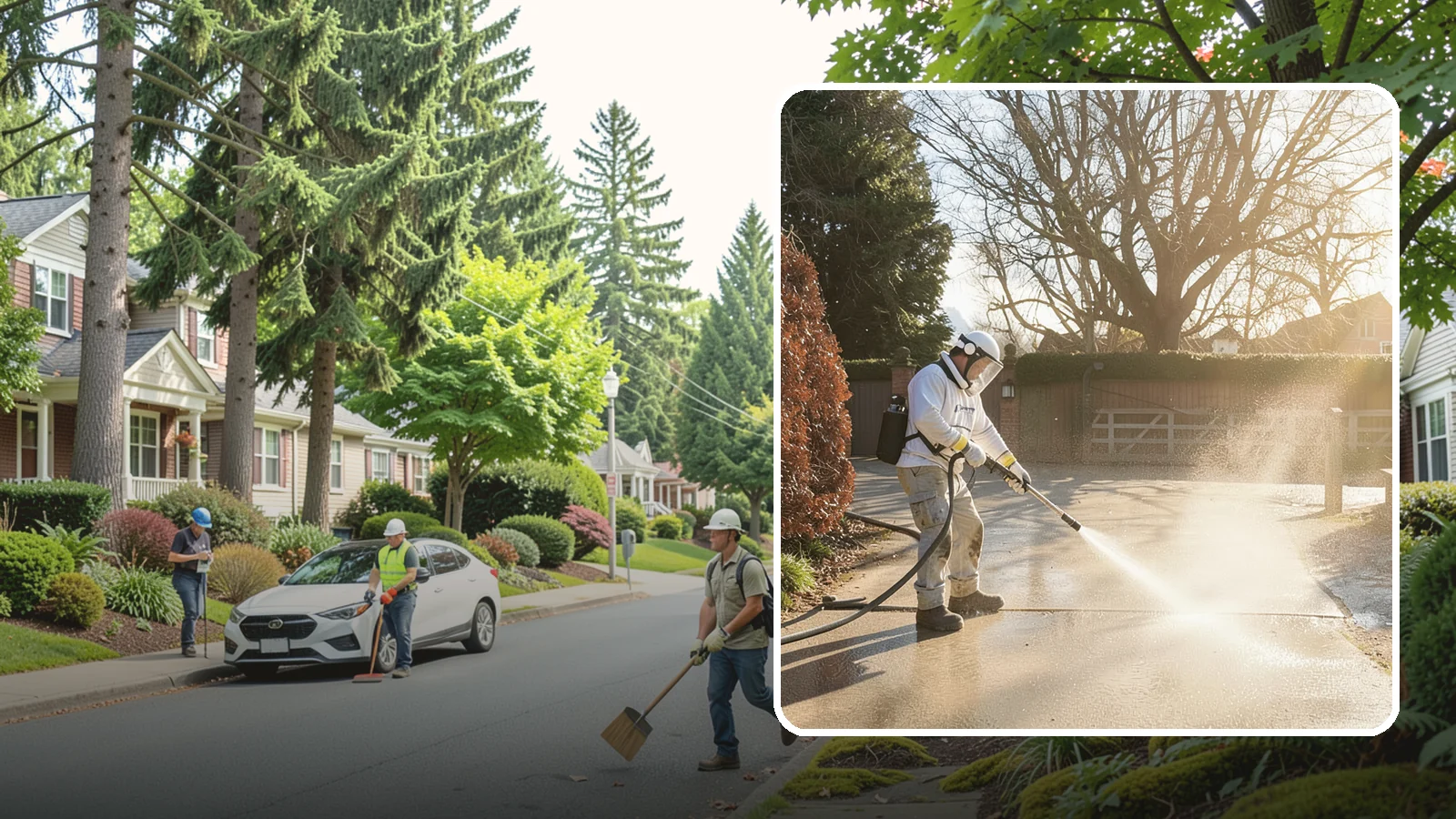 Concrete Driveway Cleaning in Beaux Arts Village, King County, WA - Deep cleaning for poured concrete driveways that lifts ingrained dirt and biological growth from the porous surface.