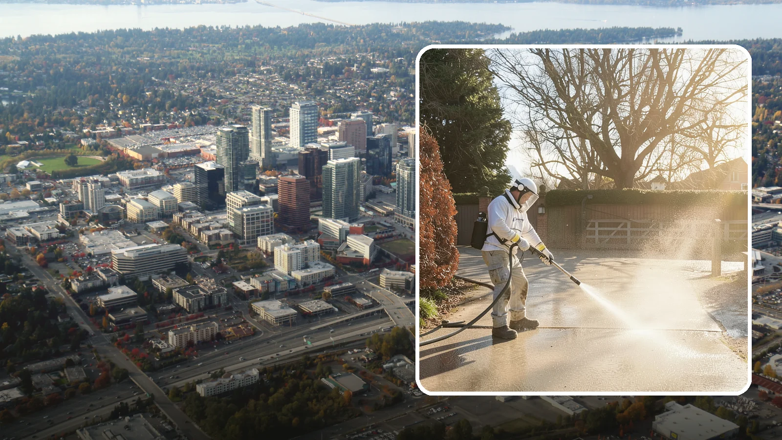 Concrete Driveway Cleaning in Bellevue, King County, WA - Deep cleaning for poured concrete driveways that lifts ingrained dirt and biological growth from the porous surface.