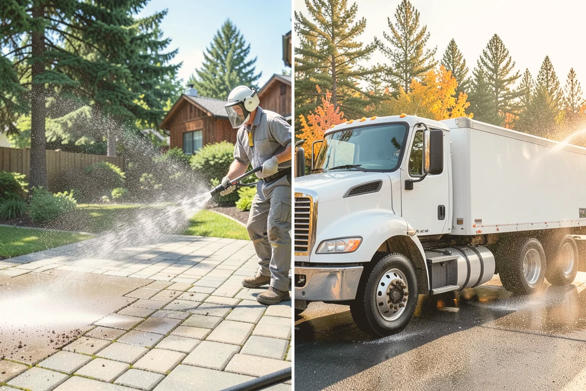Concrete Driveway Cleaning in Bellevue, King County, WA - Clear the surface and spot-treat stains and growth