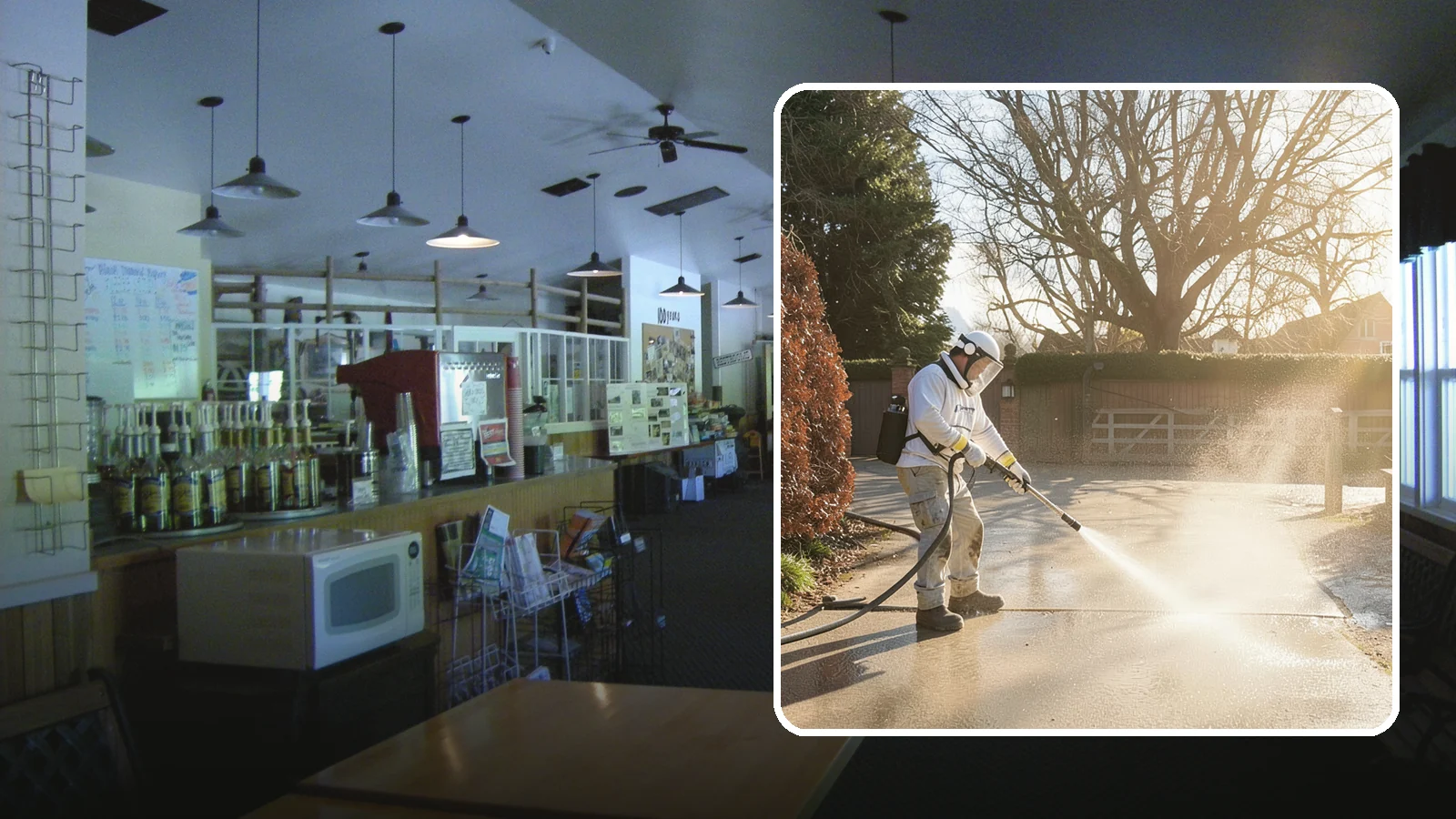 Concrete Driveway Cleaning in Black Diamond, King County, WA - Deep cleaning for poured concrete driveways that lifts ingrained dirt and biological growth from the porous surface.