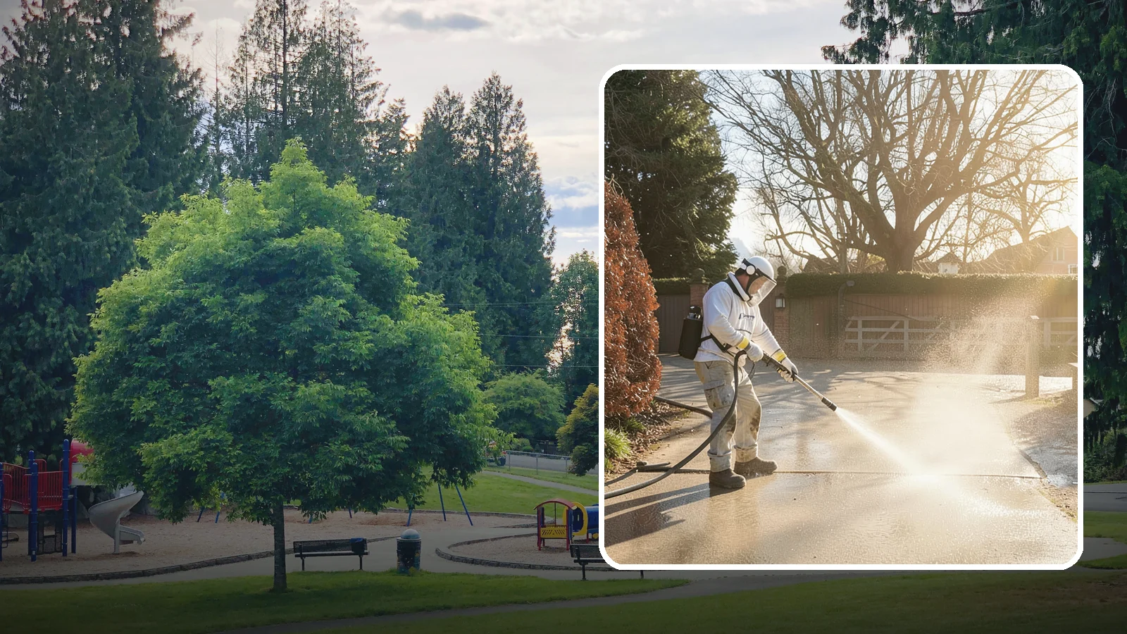 Concrete Driveway Cleaning in Bonney Lake, Pierce County, WA - Deep cleaning for poured concrete driveways that lifts ingrained dirt and biological growth from the porous surface.