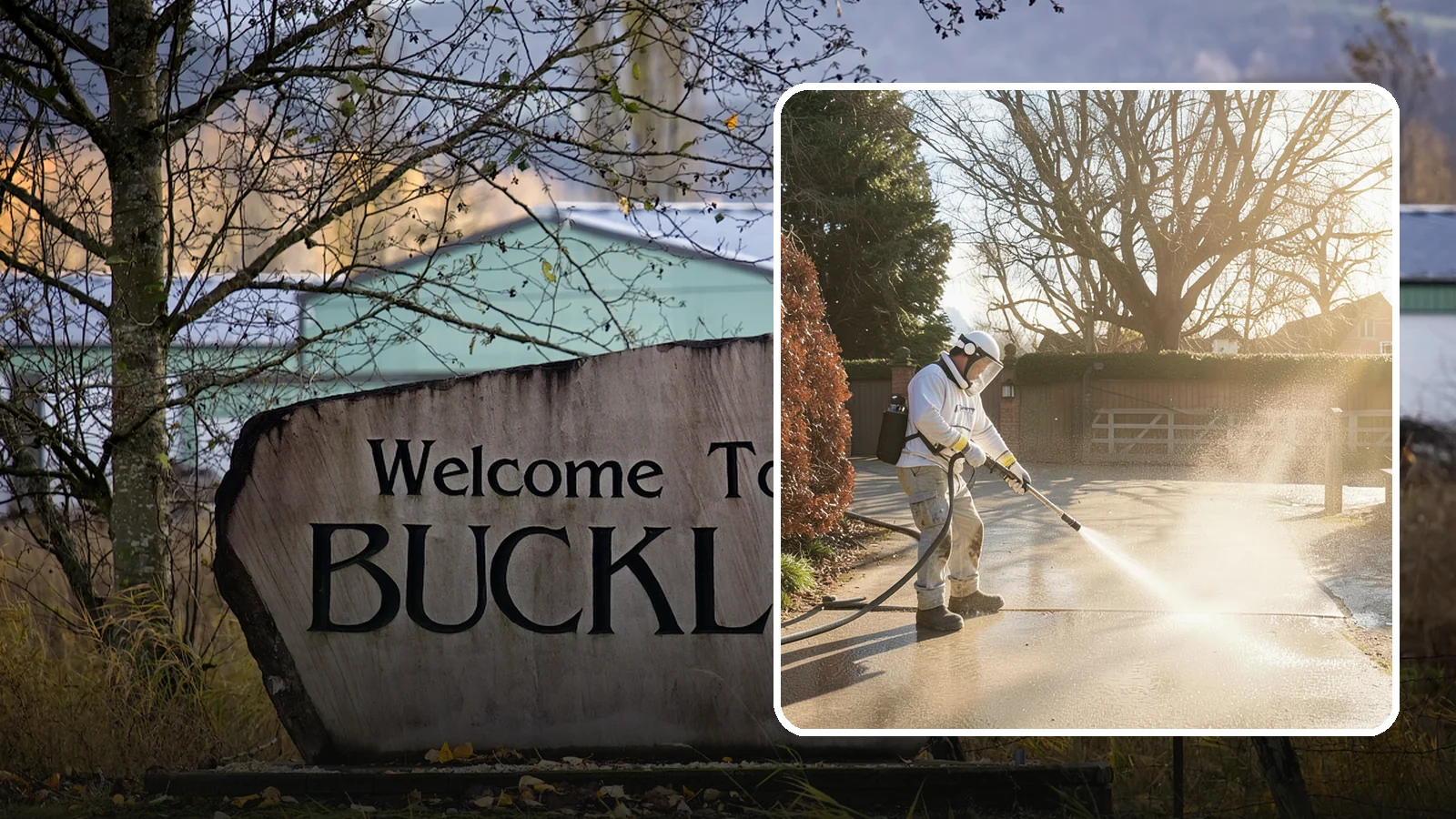 Concrete Driveway Cleaning in Buckley, Pierce County, WA - Deep cleaning for poured concrete driveways that lifts ingrained dirt and biological growth from the porous surface.