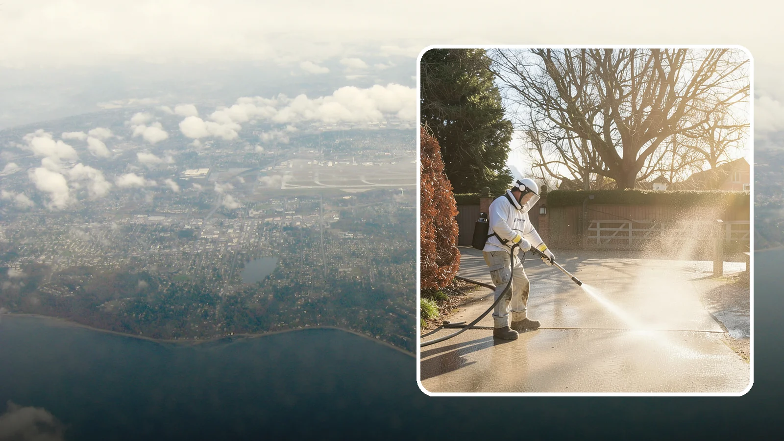Concrete Driveway Cleaning in Burien, King County, WA - Deep cleaning for poured concrete driveways that lifts ingrained dirt and biological growth from the porous surface.