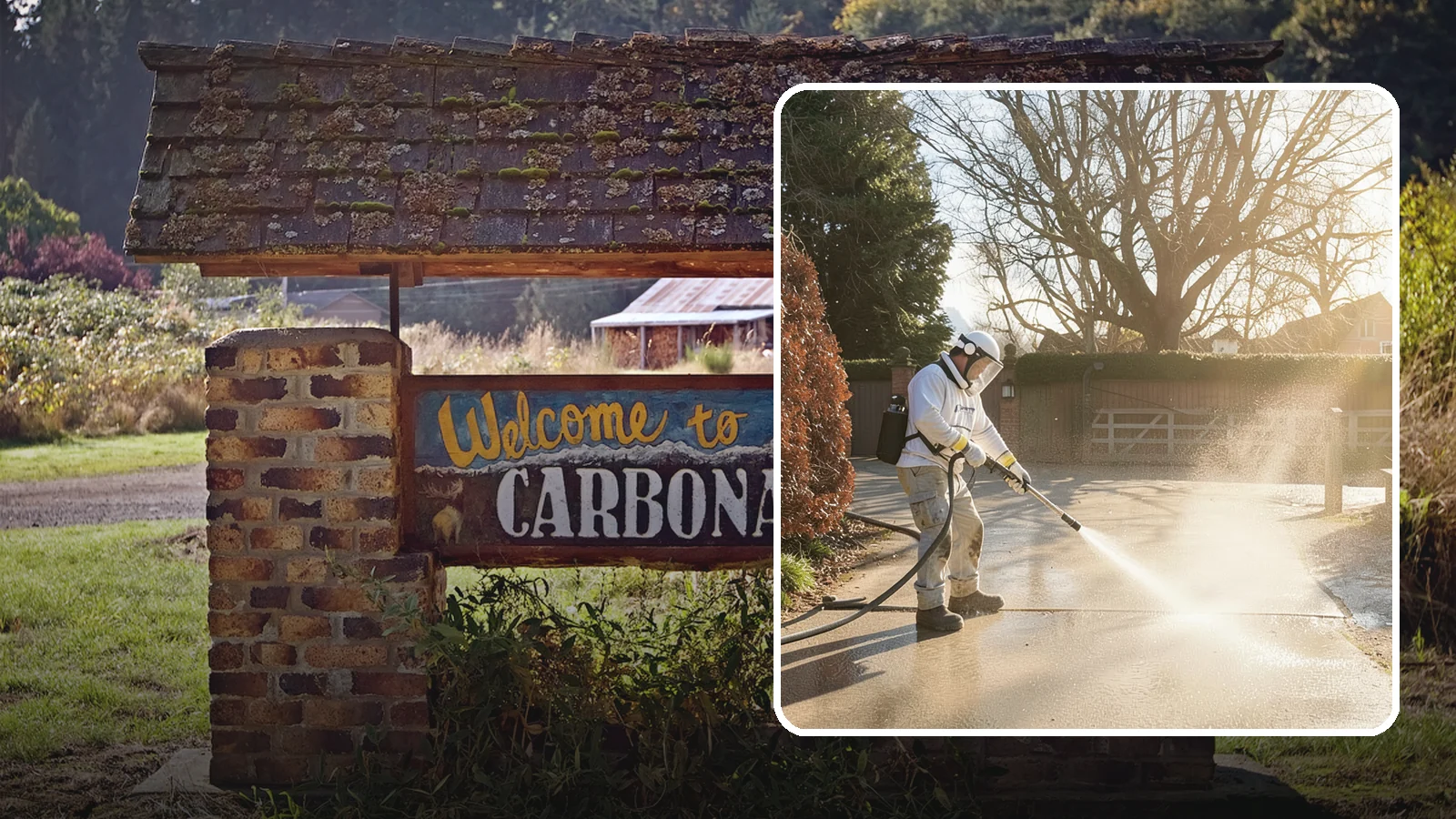 Concrete Driveway Cleaning in Carbonado, Pierce County, WA - Deep cleaning for poured concrete driveways that lifts ingrained dirt and biological growth from the porous surface.