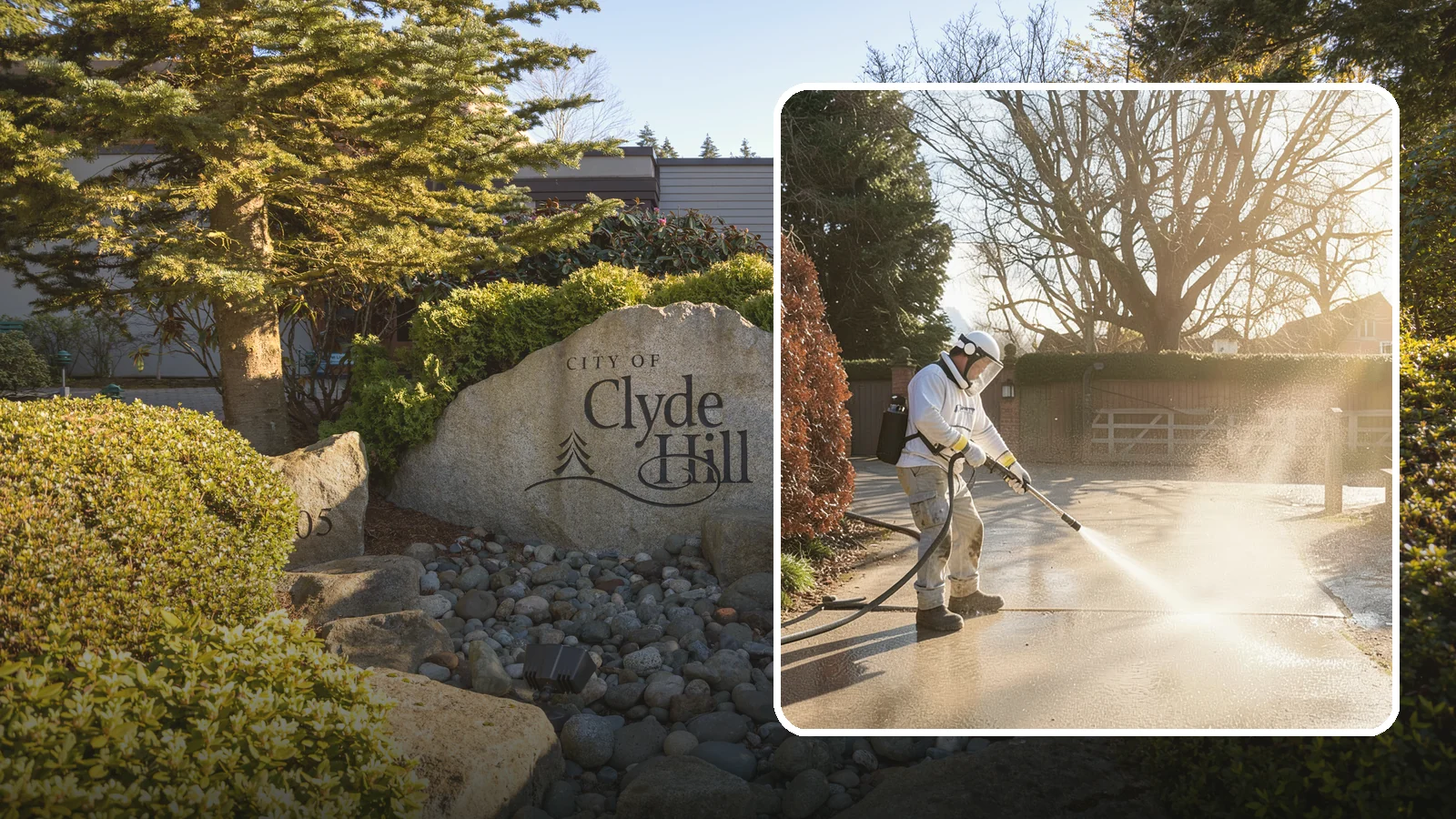 Concrete Driveway Cleaning in Clyde Hill, King County, WA - Deep cleaning for poured concrete driveways that lifts ingrained dirt and biological growth from the porous surface.