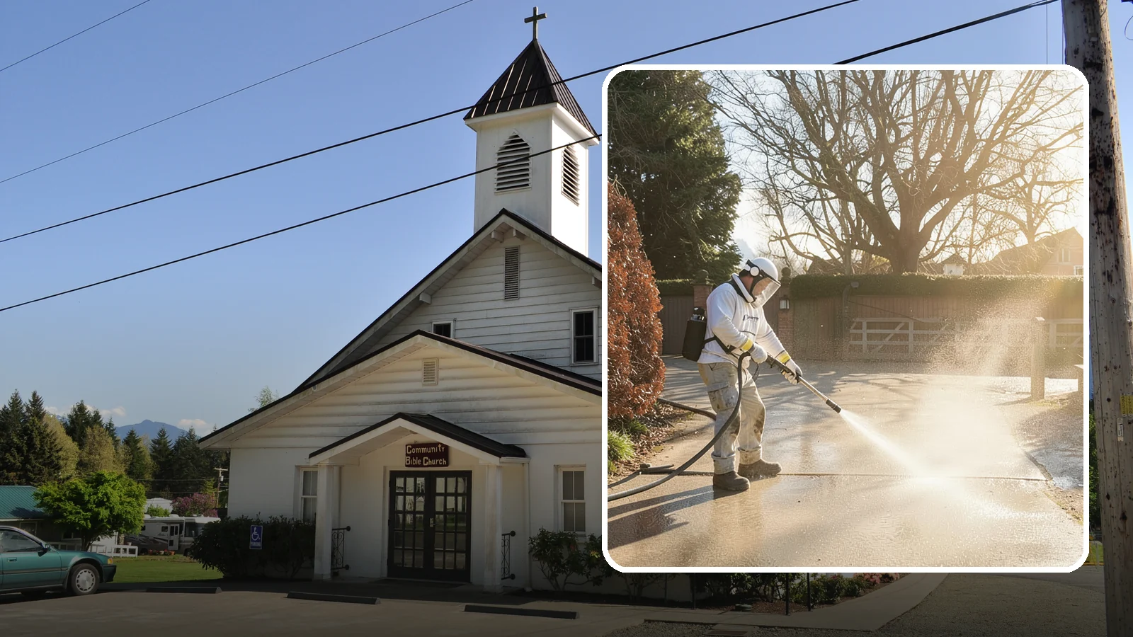 Concrete Driveway Cleaning in Concrete, Skagit County, WA - Deep cleaning for poured concrete driveways that lifts ingrained dirt and biological growth from the porous surface.