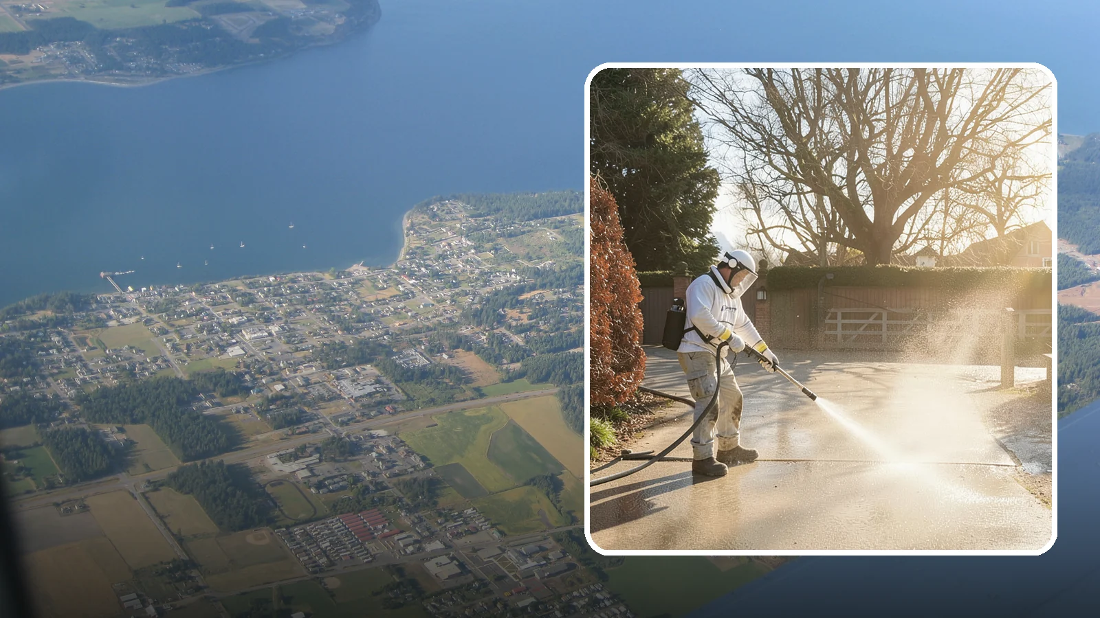 Concrete Driveway Cleaning in Coupeville, Island County, WA - Deep cleaning for poured concrete driveways that lifts ingrained dirt and biological growth from the porous surface.