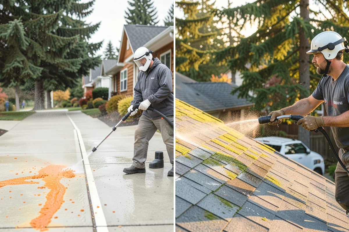 Concrete Driveway Cleaning in Covington, King County, WA - Clear the surface and spot-treat stains and growth