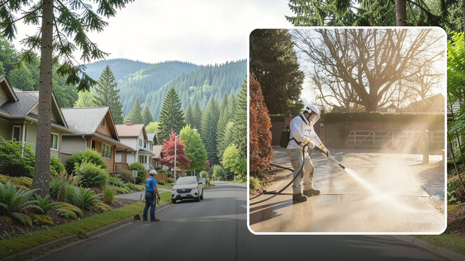 Concrete Driveway Cleaning in Darrington, Snohomish County, WA - Deep cleaning for poured concrete driveways that lifts ingrained dirt and biological growth from the porous surface.