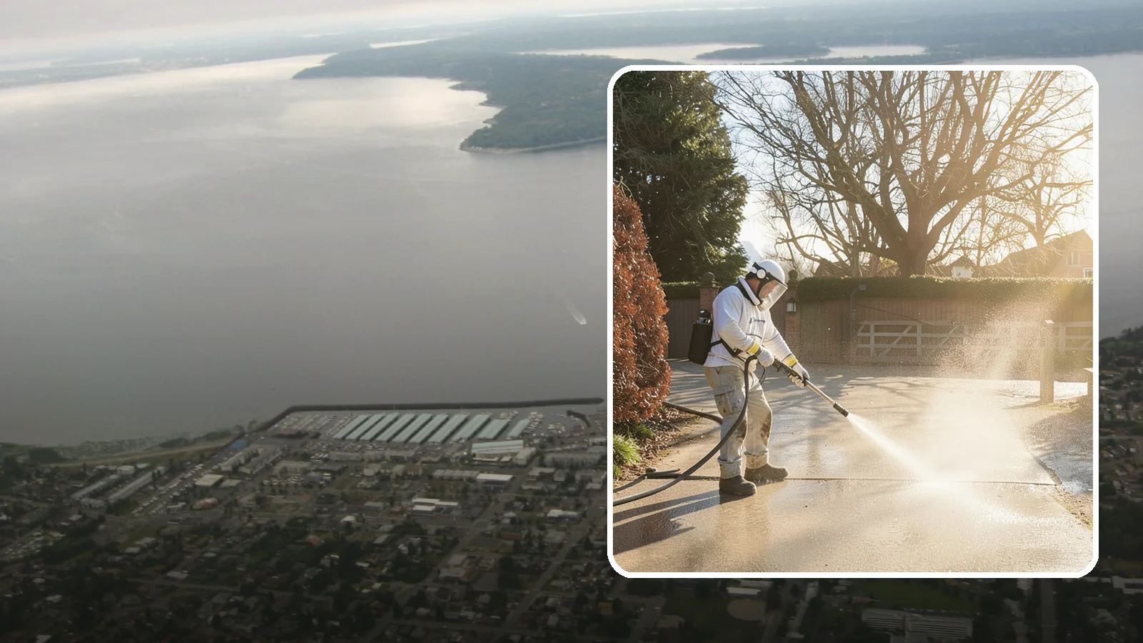 Concrete Driveway Cleaning in Des Moines, King County, WA - Deep cleaning for poured concrete driveways that lifts ingrained dirt and biological growth from the porous surface.