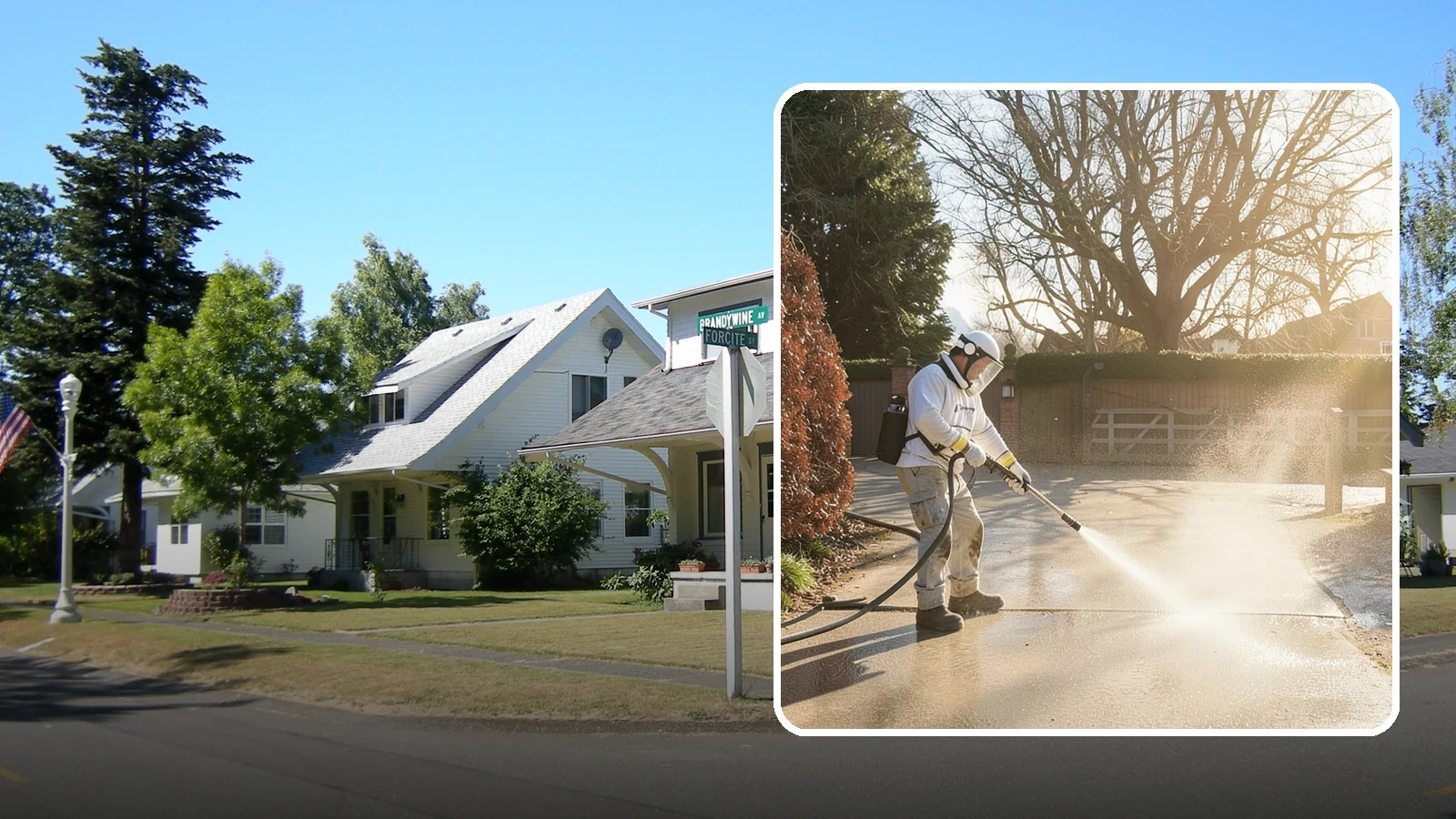 Concrete Driveway Cleaning in DuPont, Pierce County, WA - Deep cleaning for poured concrete driveways that lifts ingrained dirt and biological growth from the porous surface.