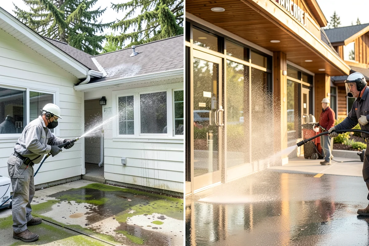 Concrete Driveway Cleaning in DuPont, Pierce County, WA - Clear the surface and spot-treat stains and growth