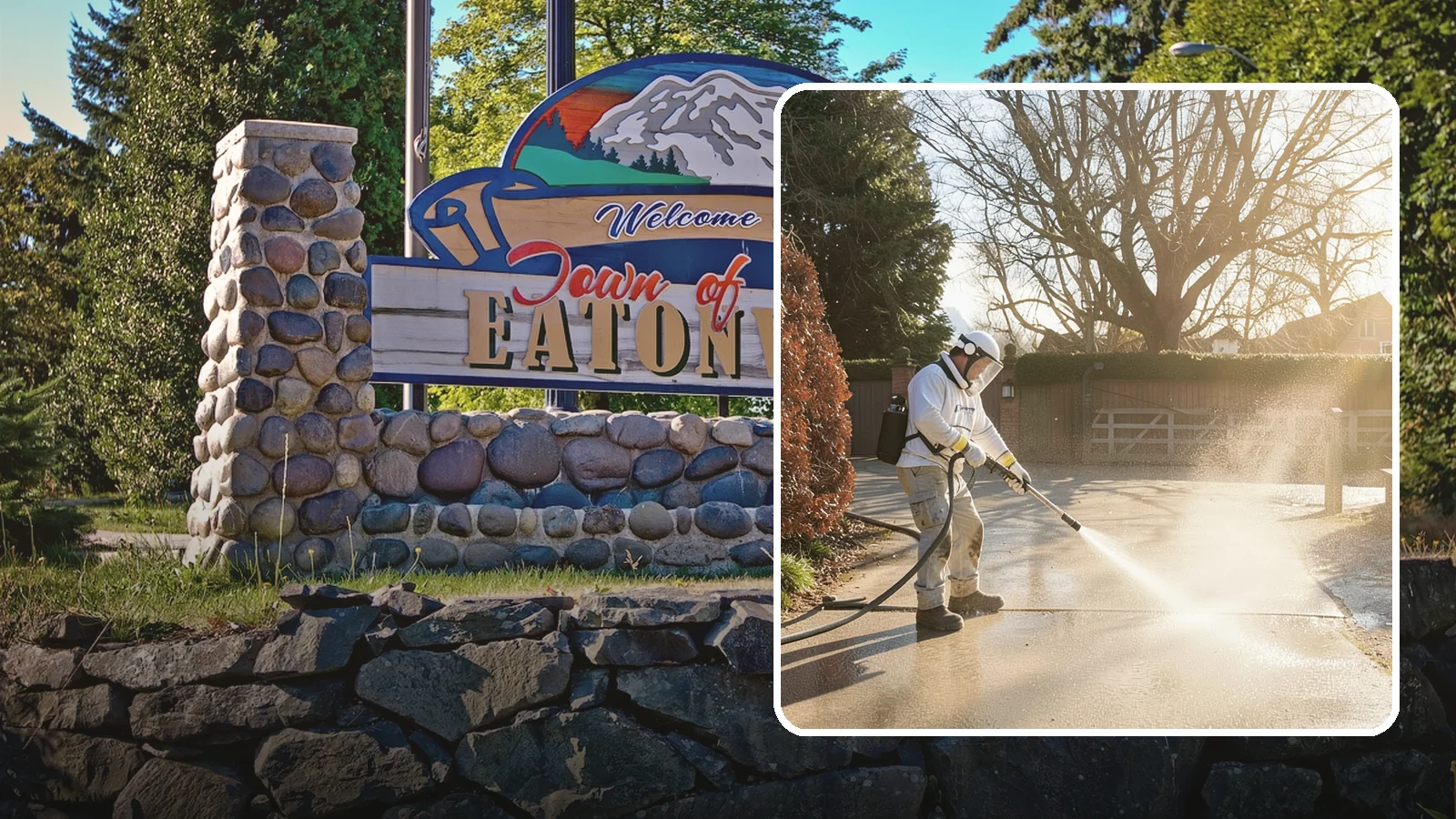 Concrete Driveway Cleaning in Eatonville, Pierce County, WA - Deep cleaning for poured concrete driveways that lifts ingrained dirt and biological growth from the porous surface.
