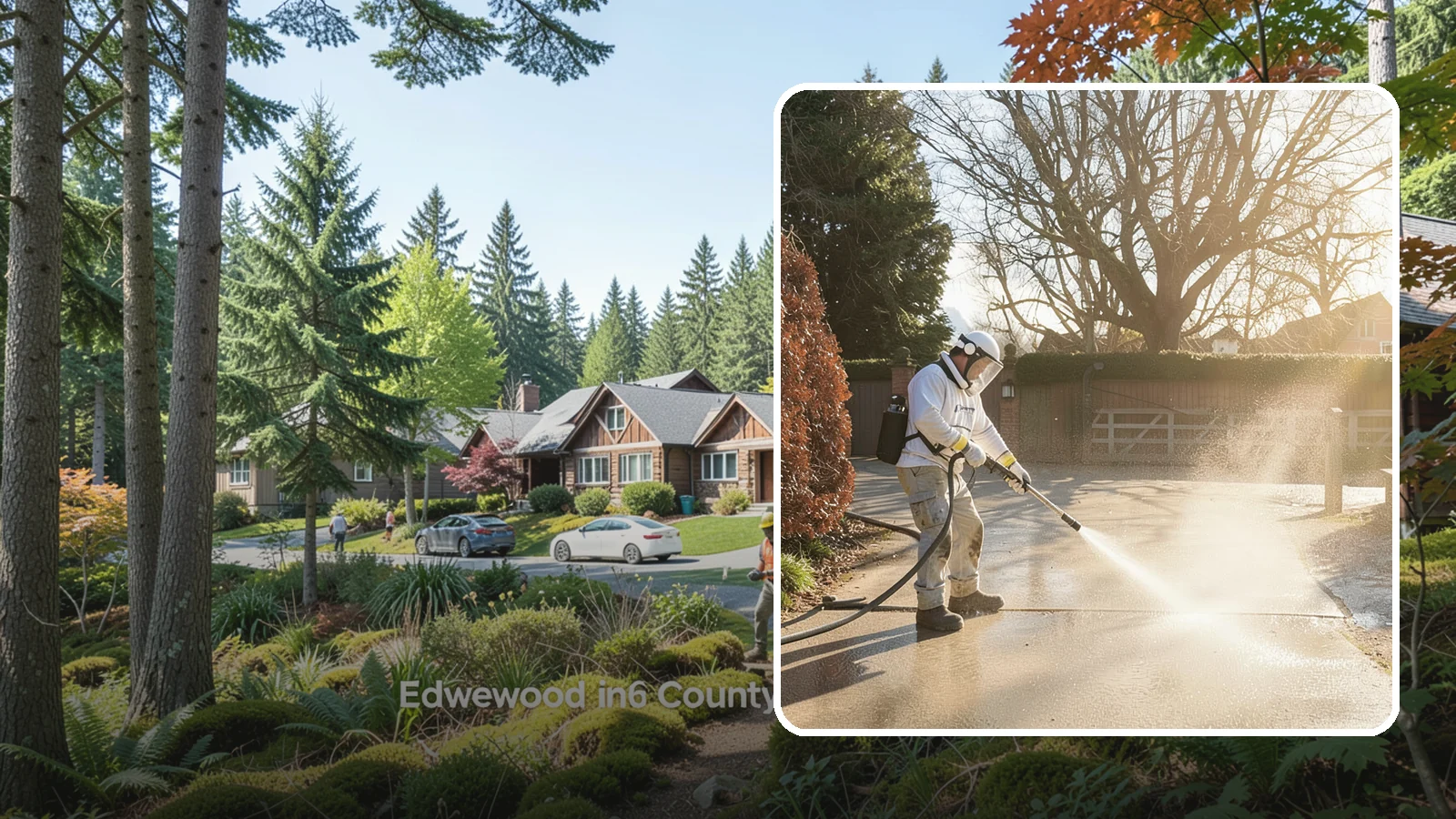 Concrete Driveway Cleaning in Edgewood, Pierce County, WA - Deep cleaning for poured concrete driveways that lifts ingrained dirt and biological growth from the porous surface.