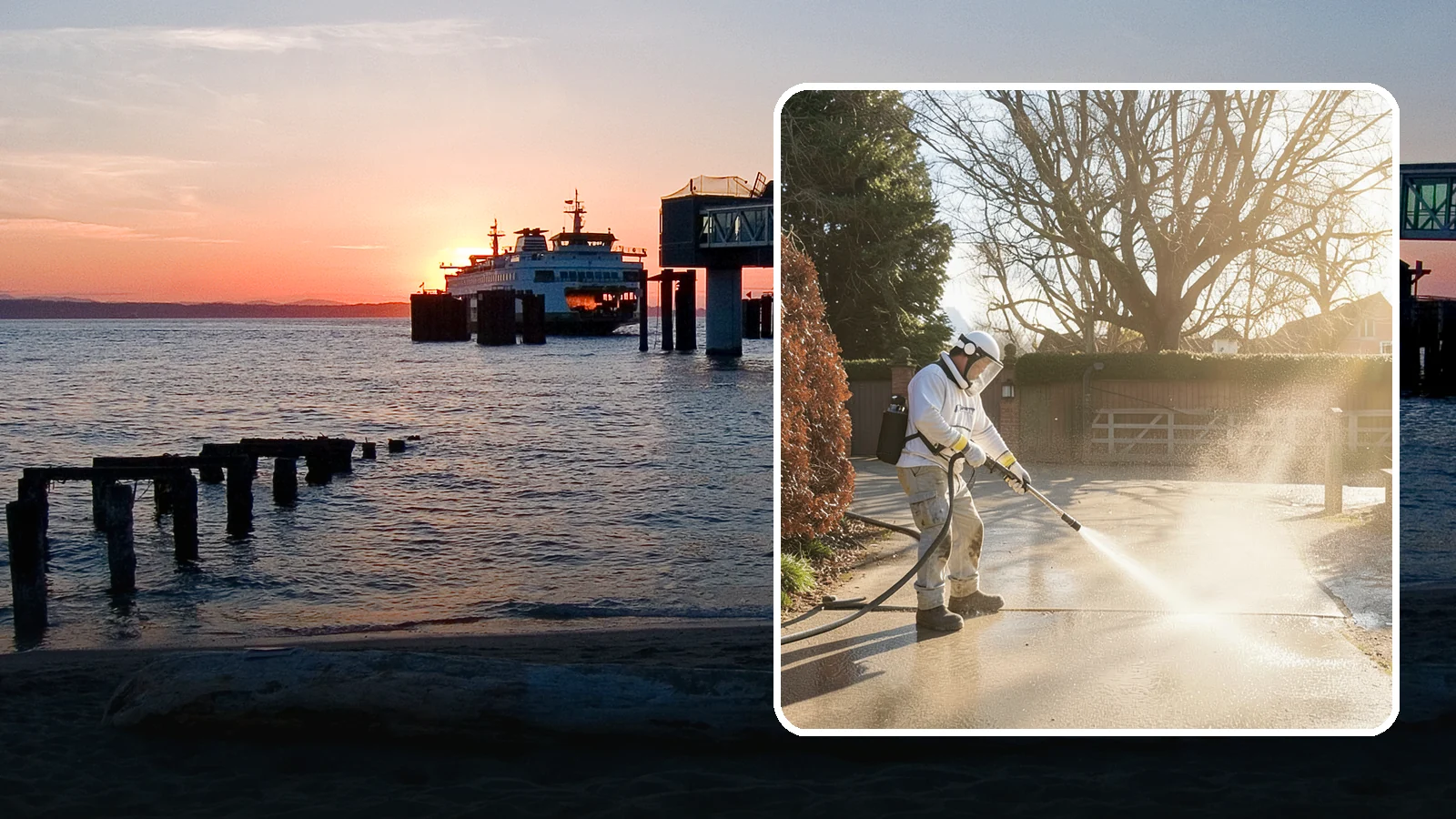 Concrete Driveway Cleaning in Edmonds, Snohomish County, WA - Deep cleaning for poured concrete driveways that lifts ingrained dirt and biological growth from the porous surface.