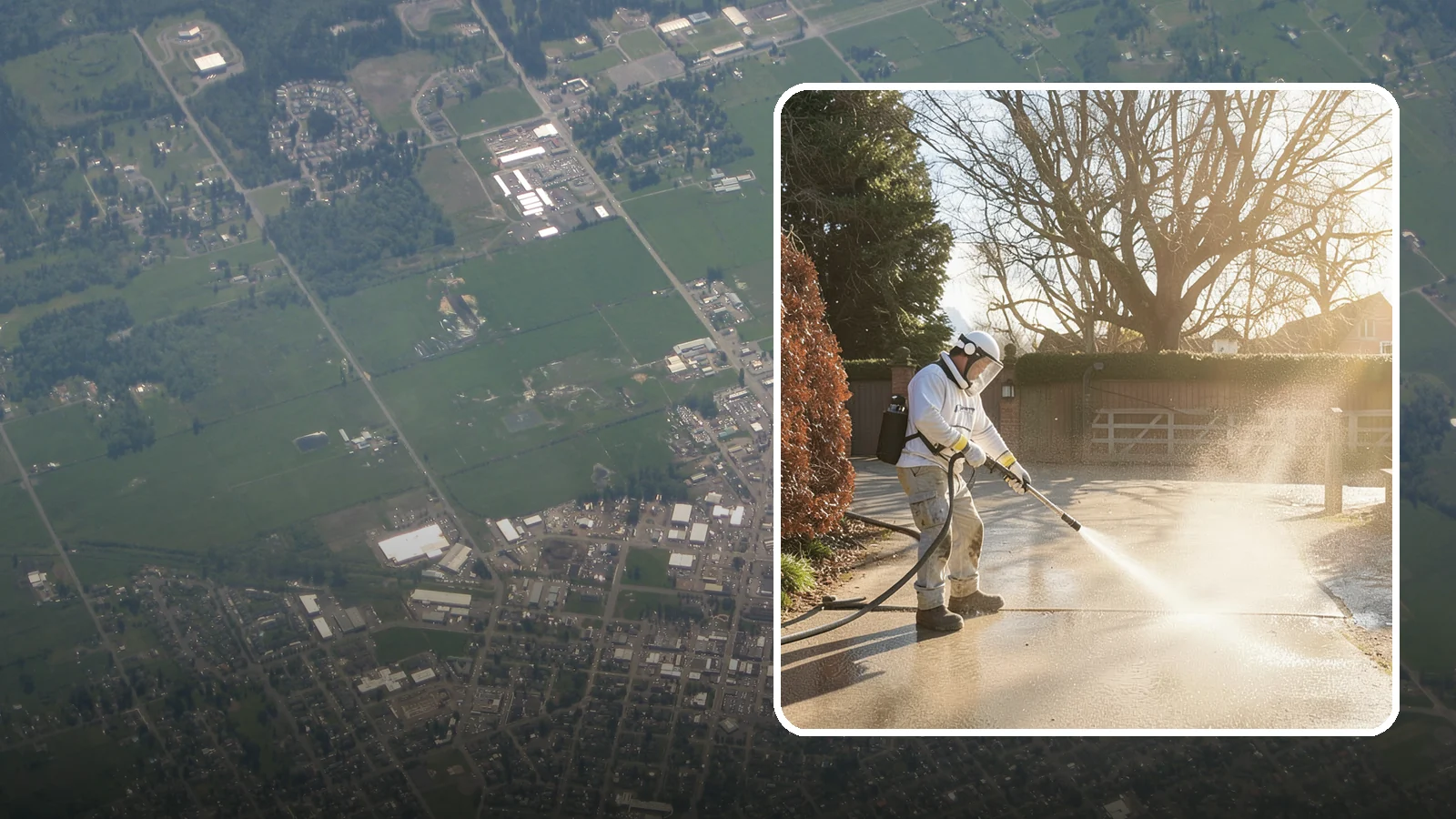 Concrete Driveway Cleaning in Enumclaw, King County, WA - Deep cleaning for poured concrete driveways that lifts ingrained dirt and biological growth from the porous surface.