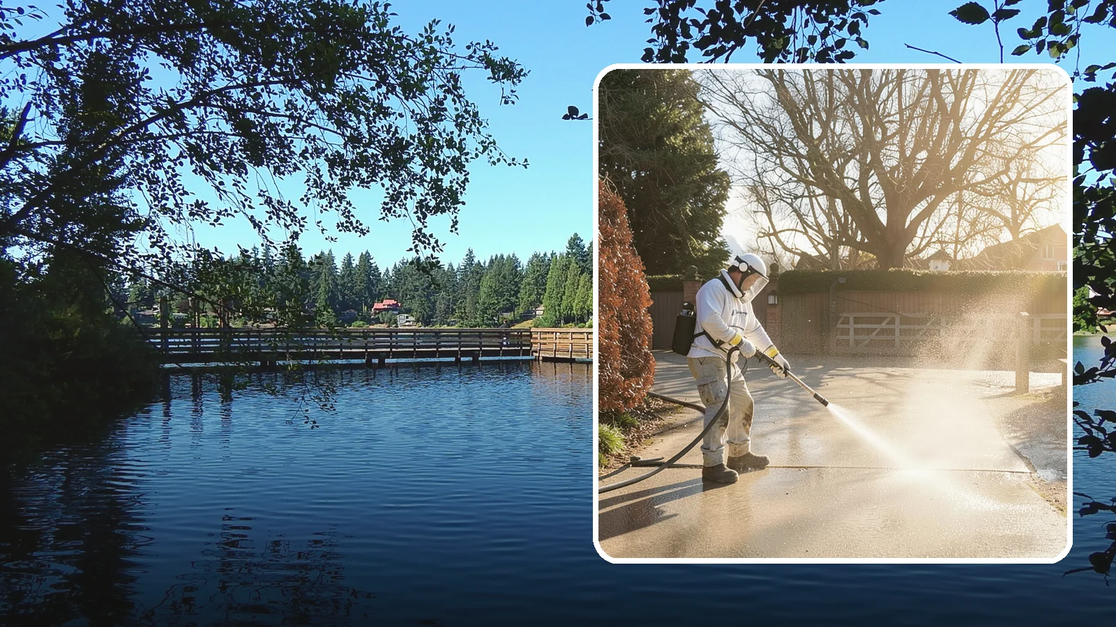 Concrete Driveway Cleaning in Federal Way, King County, WA - Deep cleaning for poured concrete driveways that lifts ingrained dirt and biological growth from the porous surface.