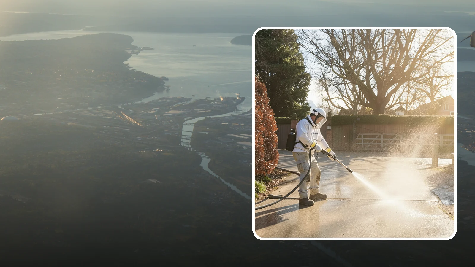 Concrete Driveway Cleaning in Fife, Pierce County, WA - Deep cleaning for poured concrete driveways that lifts ingrained dirt and biological growth from the porous surface.
