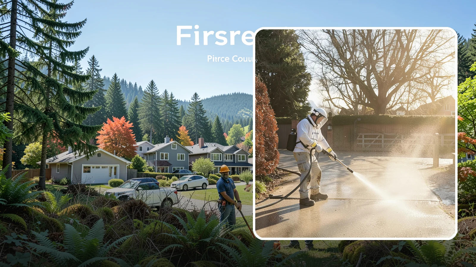 Concrete Driveway Cleaning in Fircrest, Pierce County, WA - Deep cleaning for poured concrete driveways that lifts ingrained dirt and biological growth from the porous surface.