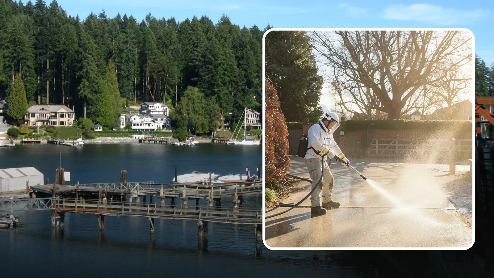 Concrete Driveway Cleaning in Gig Harbor, Pierce County, WA - Deep cleaning for poured concrete driveways that lifts ingrained dirt and biological growth from the porous surface.