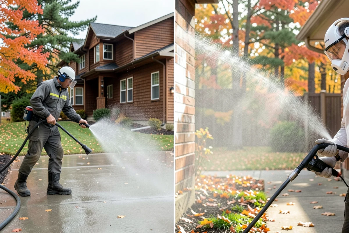 Concrete Driveway Cleaning in Gig Harbor, Pierce County, WA - Clear the surface and spot-treat stains and growth