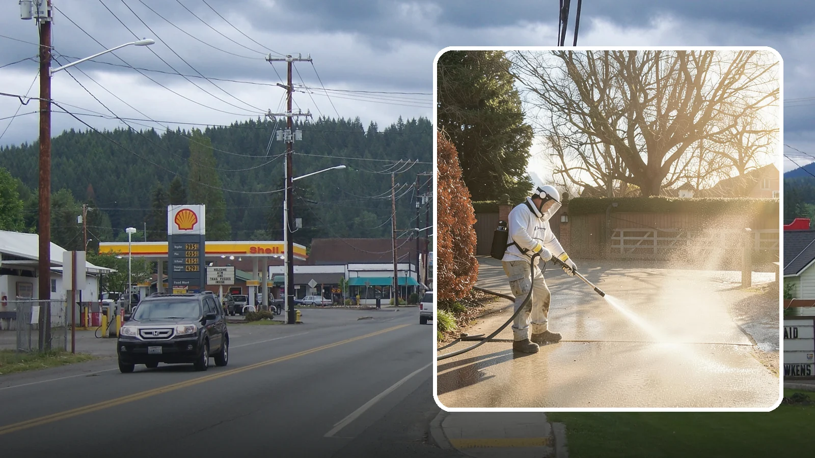 Concrete Driveway Cleaning in Granite Falls, Snohomish County, WA - Deep cleaning for poured concrete driveways that lifts ingrained dirt and biological growth from the porous surface.