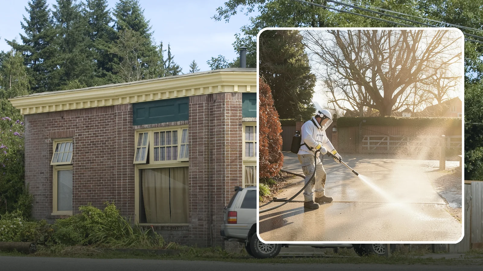 Concrete Driveway Cleaning in Hamilton, Skagit County, WA - Deep cleaning for poured concrete driveways that lifts ingrained dirt and biological growth from the porous surface.