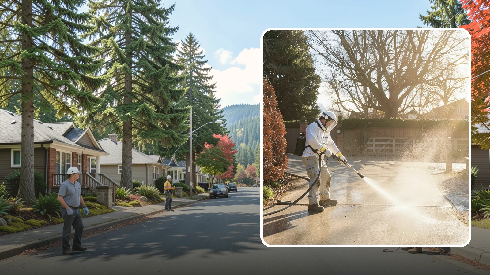Concrete Driveway Cleaning in Hunts Point, King County, WA - Deep cleaning for poured concrete driveways that lifts ingrained dirt and biological growth from the porous surface.