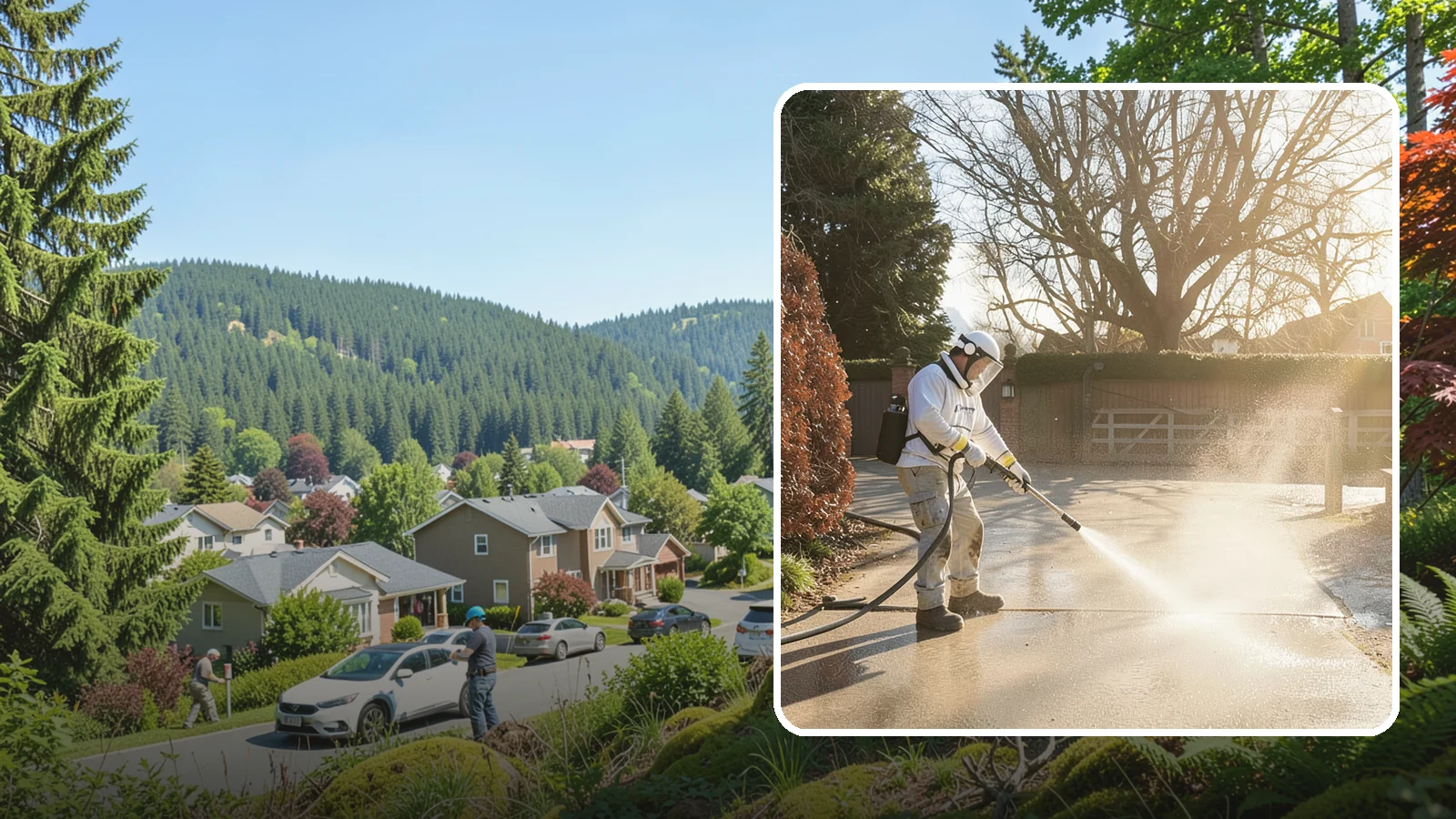 Concrete Driveway Cleaning in Index, Snohomish County, WA - Deep cleaning for poured concrete driveways that lifts ingrained dirt and biological growth from the porous surface.