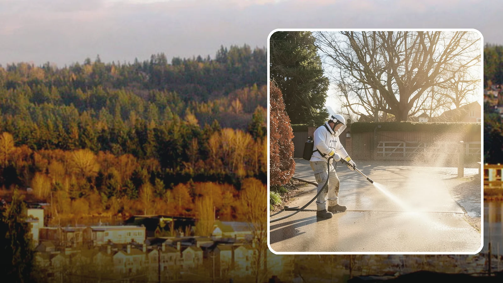 Concrete Driveway Cleaning in Kenmore, King County, WA - Deep cleaning for poured concrete driveways that lifts ingrained dirt and biological growth from the porous surface.