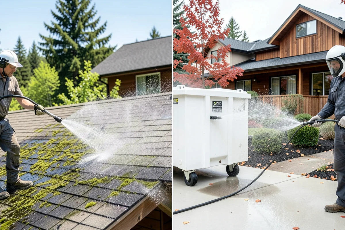 Concrete Driveway Cleaning in Kenmore, King County, WA - Clear the surface and spot-treat stains and growth