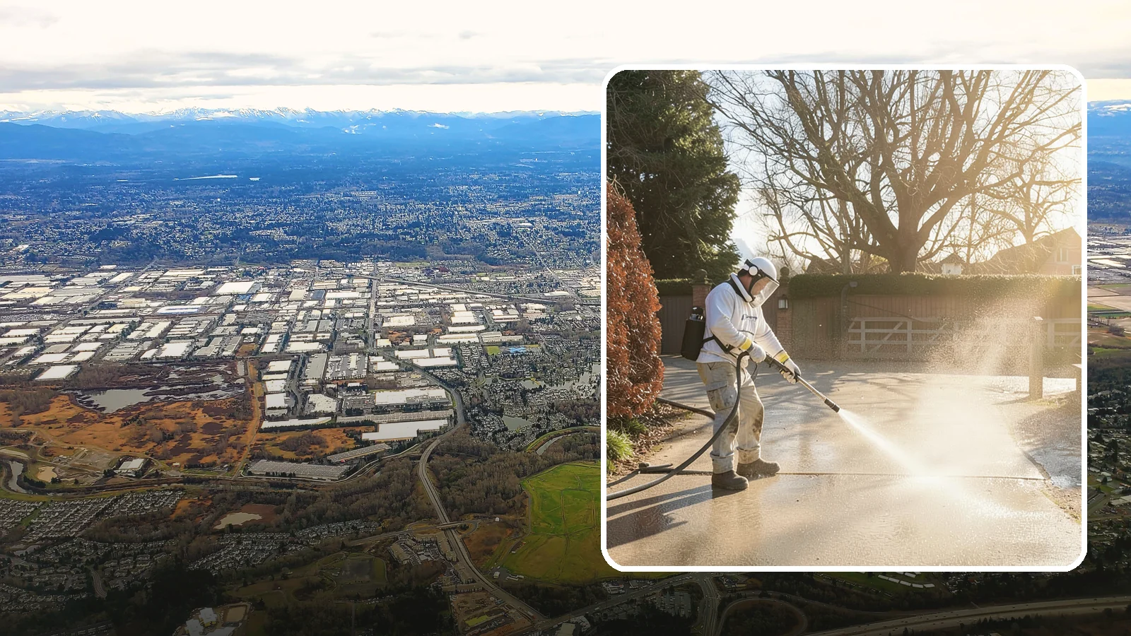 Concrete Driveway Cleaning in Kent, King County, WA - Deep cleaning for poured concrete driveways that lifts ingrained dirt and biological growth from the porous surface.