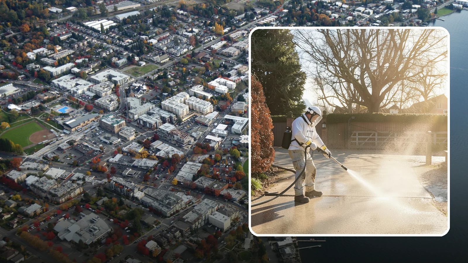 Concrete Driveway Cleaning in Kirkland, King County, WA - Deep cleaning for poured concrete driveways that lifts ingrained dirt and biological growth from the porous surface.