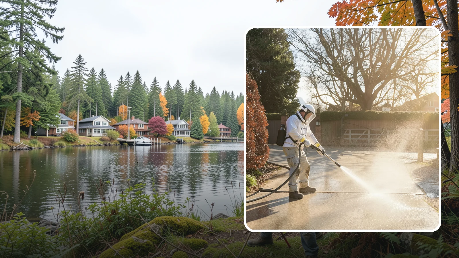 Concrete Driveway Cleaning in La Conner, Skagit County, WA - Deep cleaning for poured concrete driveways that lifts ingrained dirt and biological growth from the porous surface.