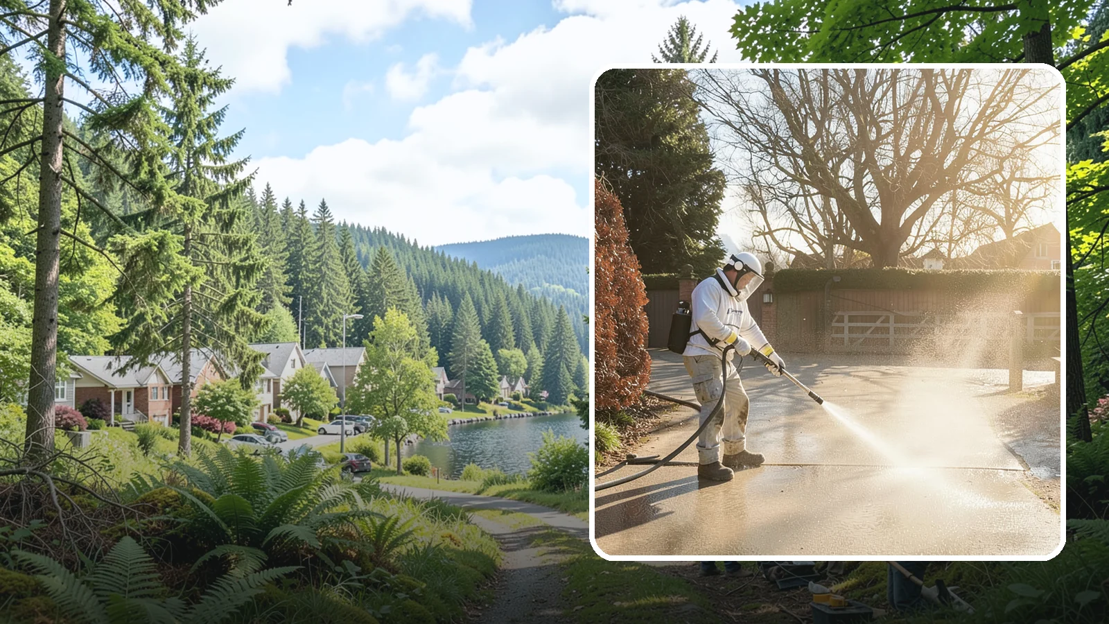 Concrete Driveway Cleaning in Lake Forest Park, King County, WA - Deep cleaning for poured concrete driveways that lifts ingrained dirt and biological growth from the porous surface.