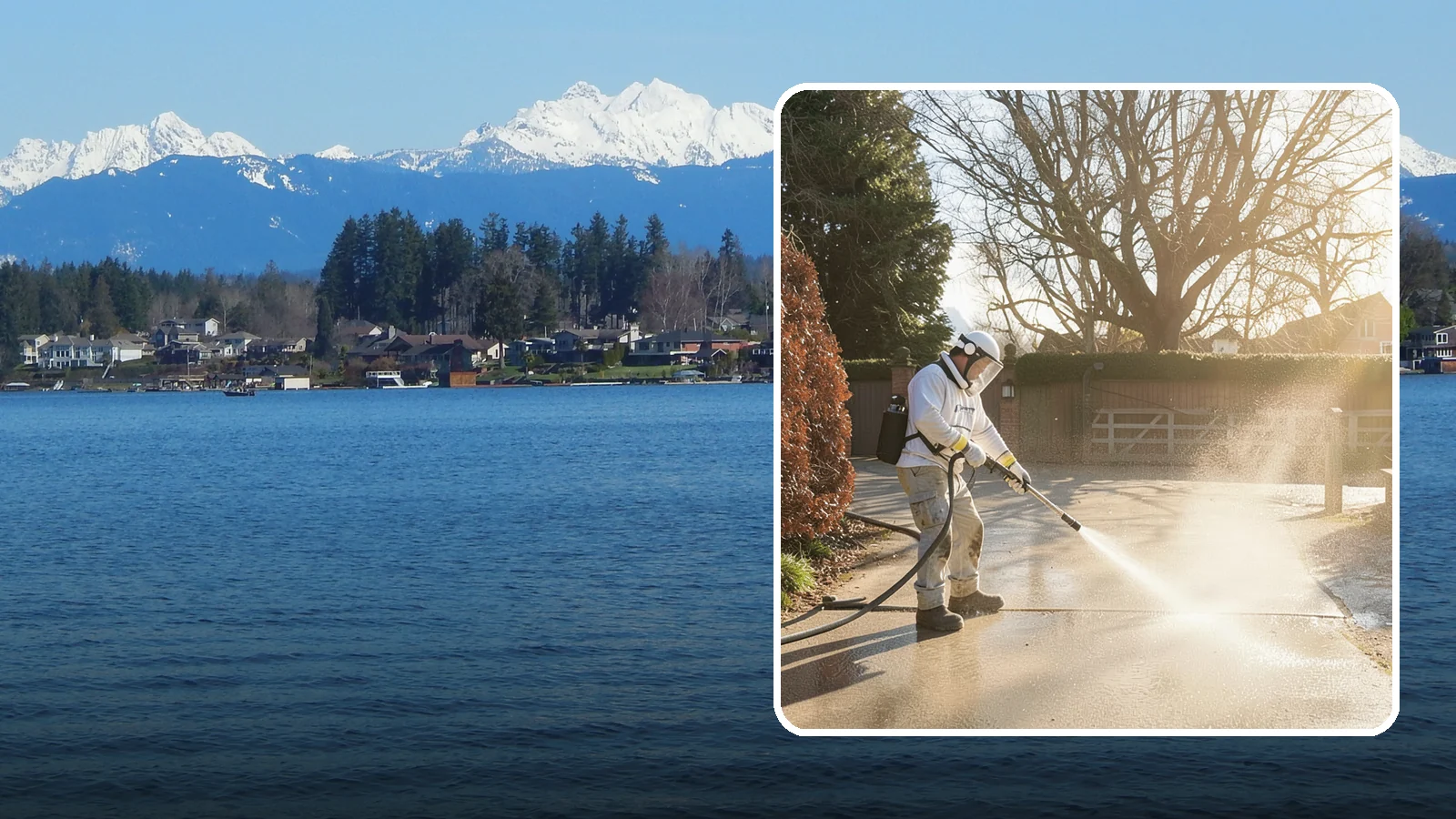 Concrete Driveway Cleaning in Lake Stevens, Snohomish County, WA - Deep cleaning for poured concrete driveways that lifts ingrained dirt and biological growth from the porous surface.
