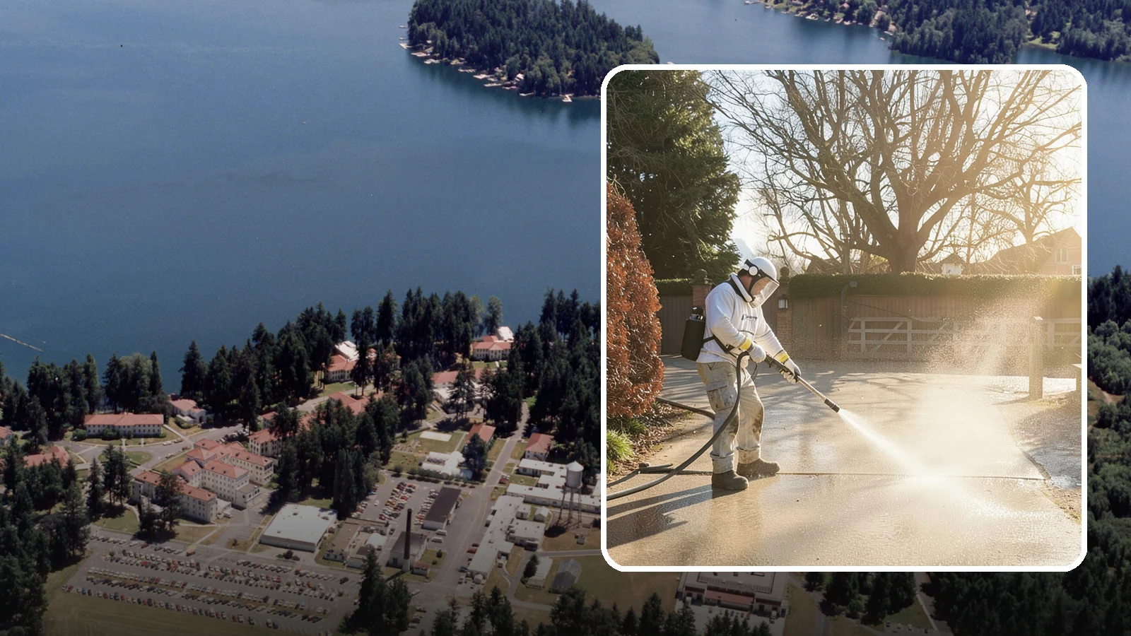 Concrete Driveway Cleaning in Lakewood, Pierce County, WA - Deep cleaning for poured concrete driveways that lifts ingrained dirt and biological growth from the porous surface.