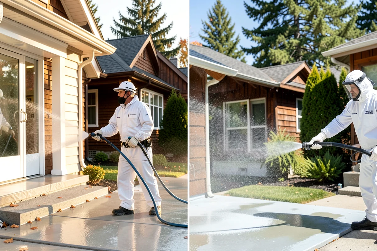 Concrete Driveway Cleaning in Lakewood, Pierce County, WA - Clear the surface and spot-treat stains and growth