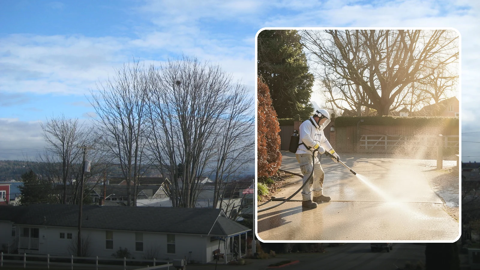 Concrete Driveway Cleaning in Langley, Island County, WA - Deep cleaning for poured concrete driveways that lifts ingrained dirt and biological growth from the porous surface.
