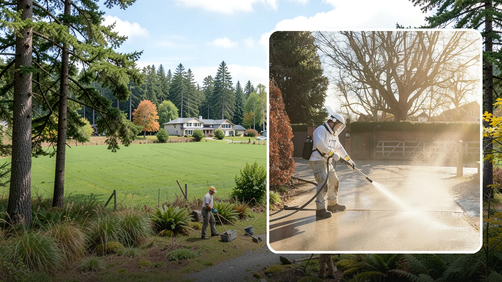 Concrete Driveway Cleaning in Lyman, Skagit County, WA - Deep cleaning for poured concrete driveways that lifts ingrained dirt and biological growth from the porous surface.