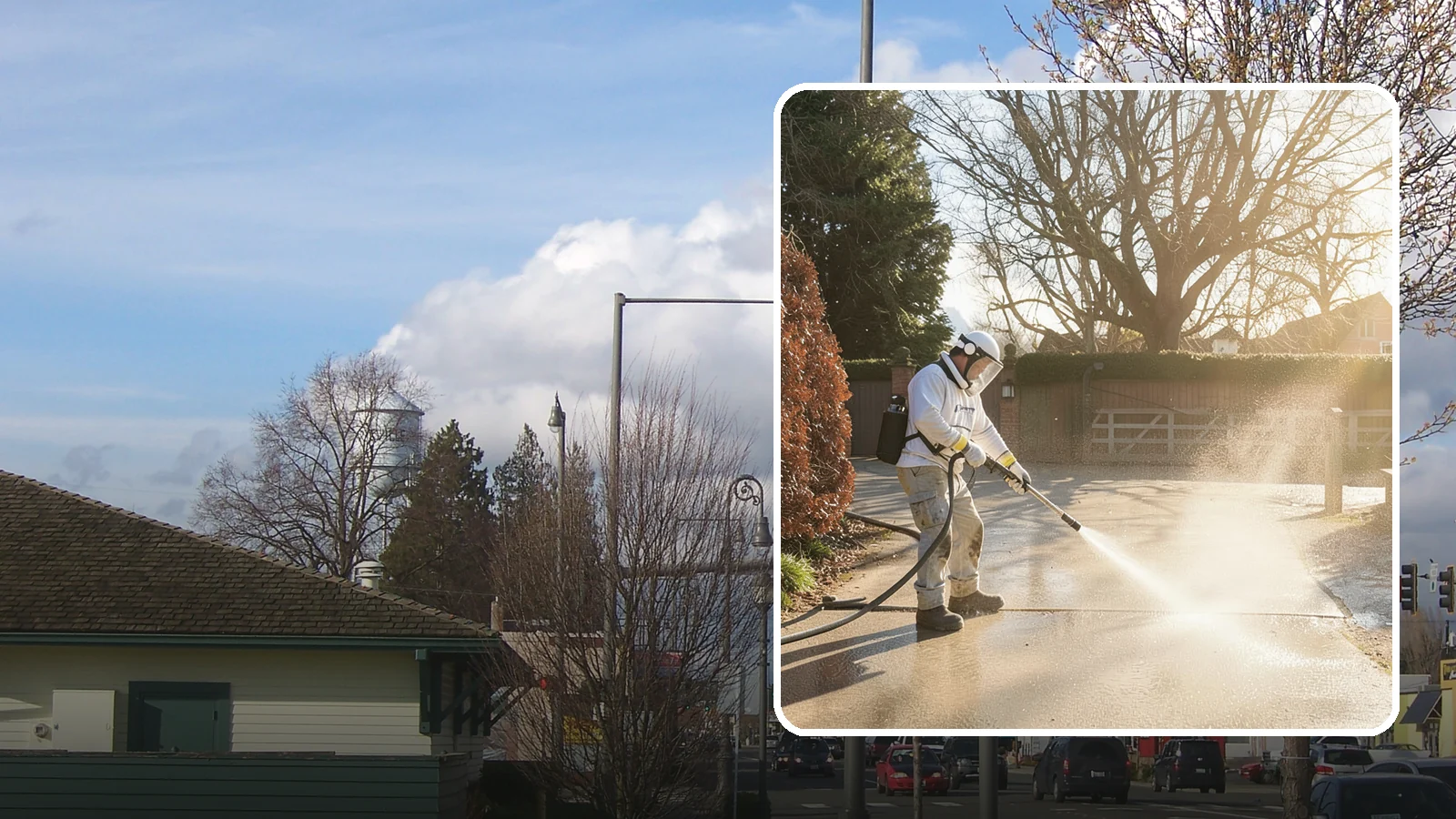 Concrete Driveway Cleaning in Marysville, Snohomish County, WA - Deep cleaning for poured concrete driveways that lifts ingrained dirt and biological growth from the porous surface.
