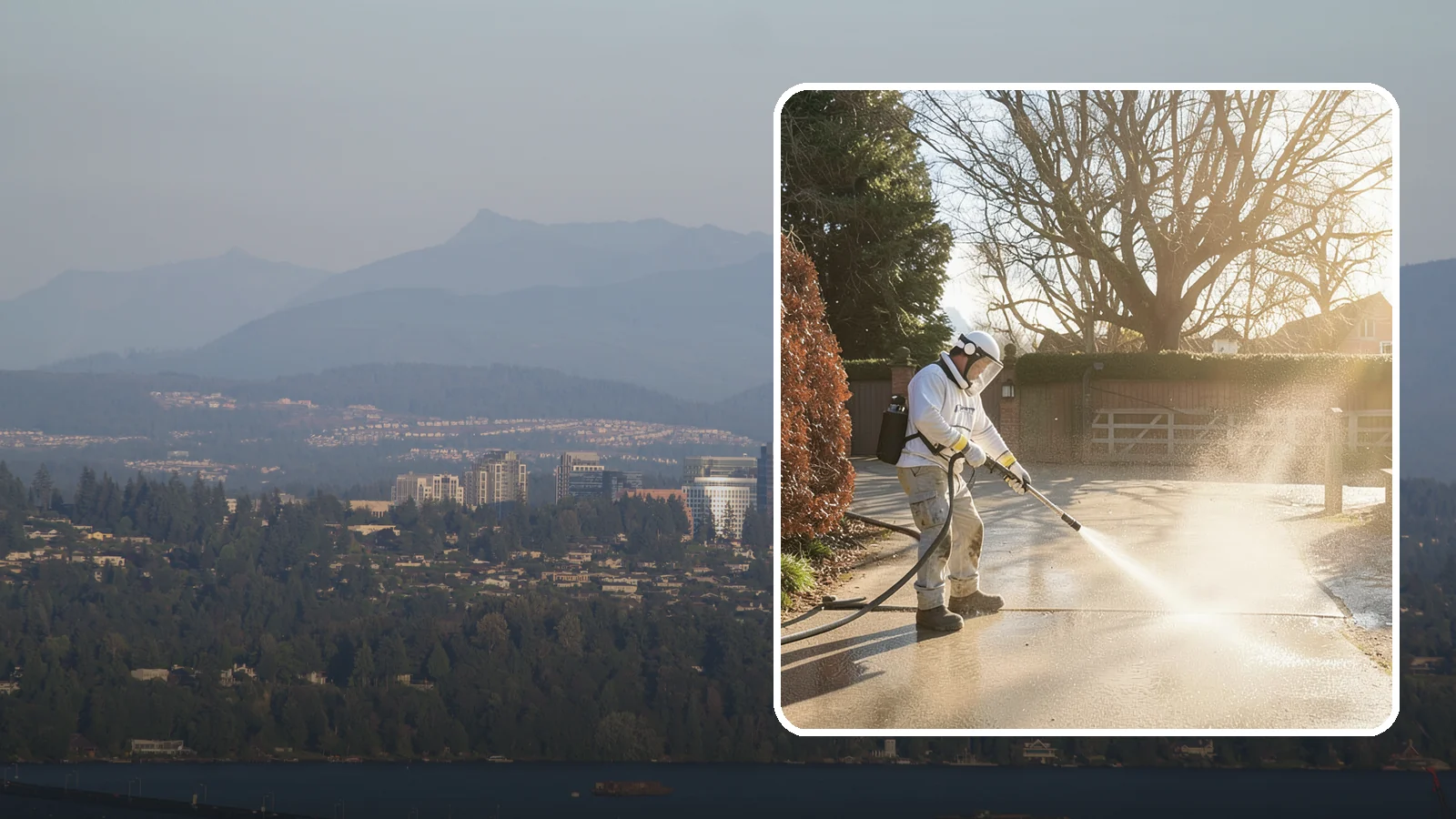 Concrete Driveway Cleaning in Medina, King County, WA - Deep cleaning for poured concrete driveways that lifts ingrained dirt and biological growth from the porous surface.
