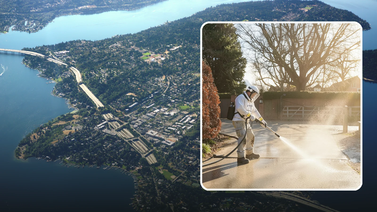 Concrete Driveway Cleaning in Mercer Island, King County, WA - Deep cleaning for poured concrete driveways that lifts ingrained dirt and biological growth from the porous surface.
