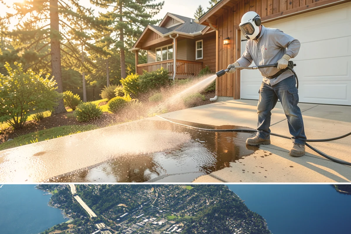 Concrete Driveway Cleaning in Mercer Island, King County, WA - Clean concrete driveways in dry weather so the surface can dry evenly before sealing or reuse.