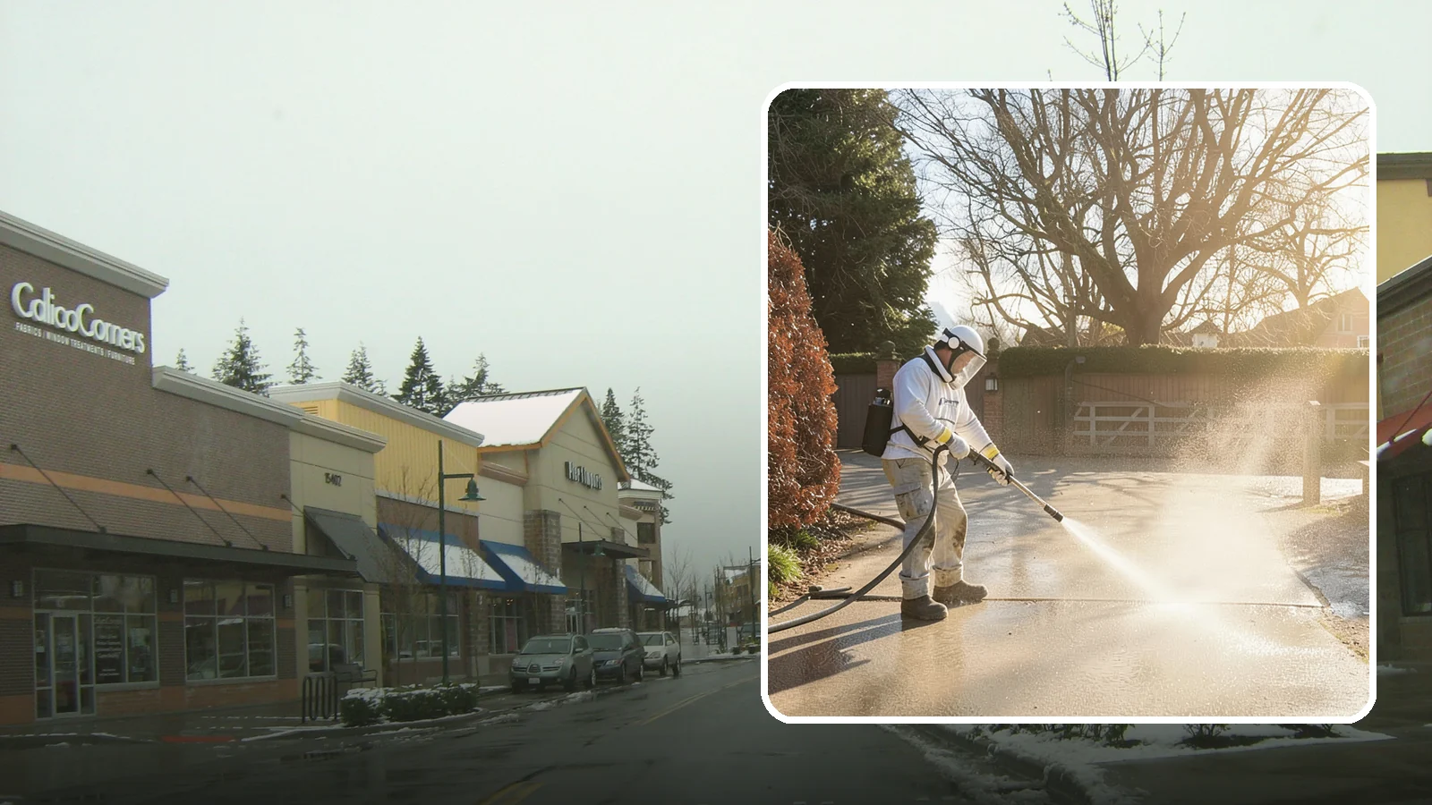 Concrete Driveway Cleaning in Mill Creek, Snohomish County, WA - Deep cleaning for poured concrete driveways that lifts ingrained dirt and biological growth from the porous surface.