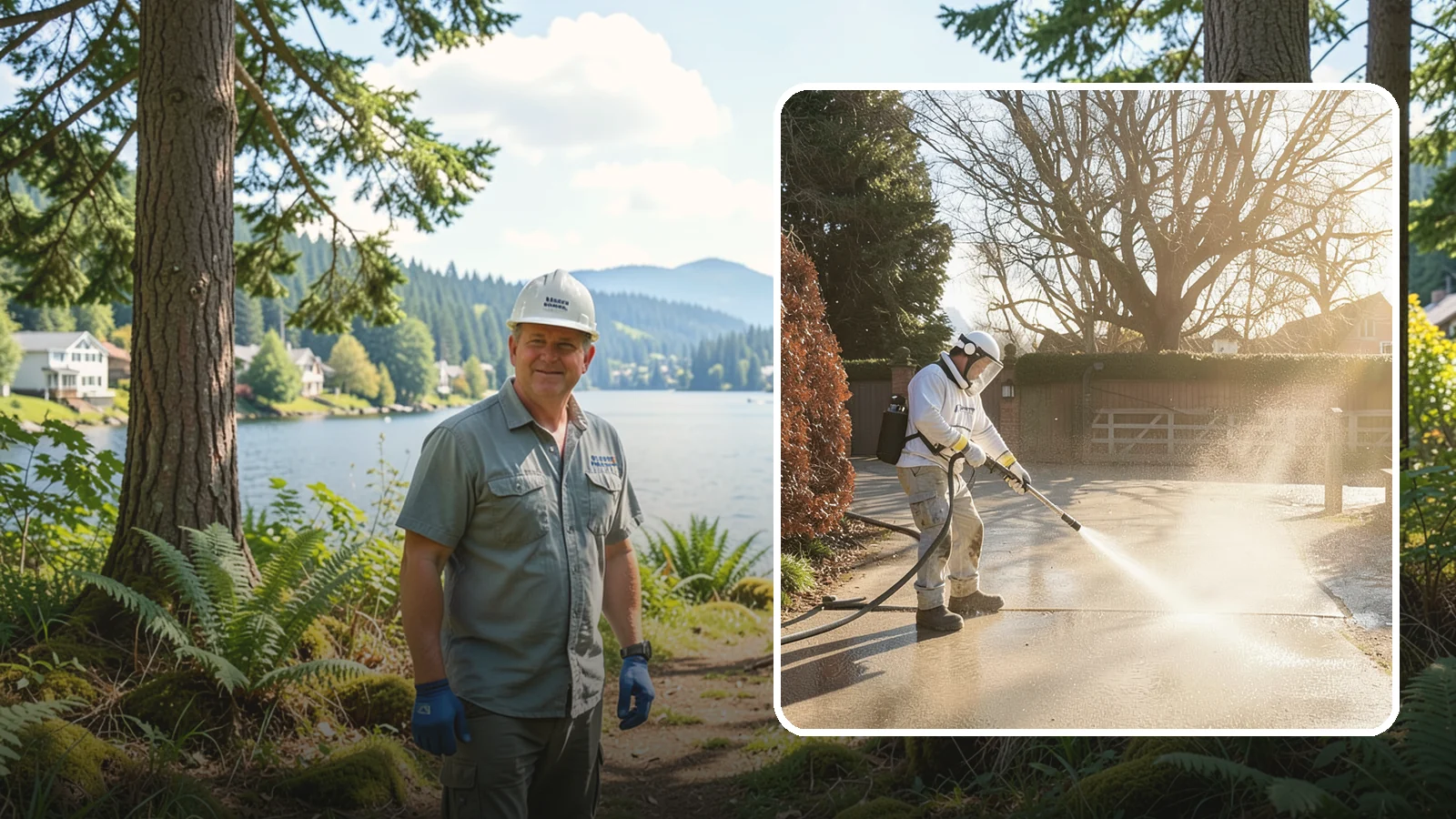 Concrete Driveway Cleaning in Milton, King County, WA - Deep cleaning for poured concrete driveways that lifts ingrained dirt and biological growth from the porous surface.