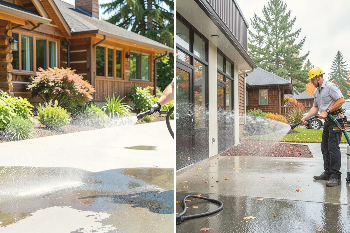 Concrete Driveway Cleaning in Milton, King County, WA - Clear the surface and spot-treat stains and growth