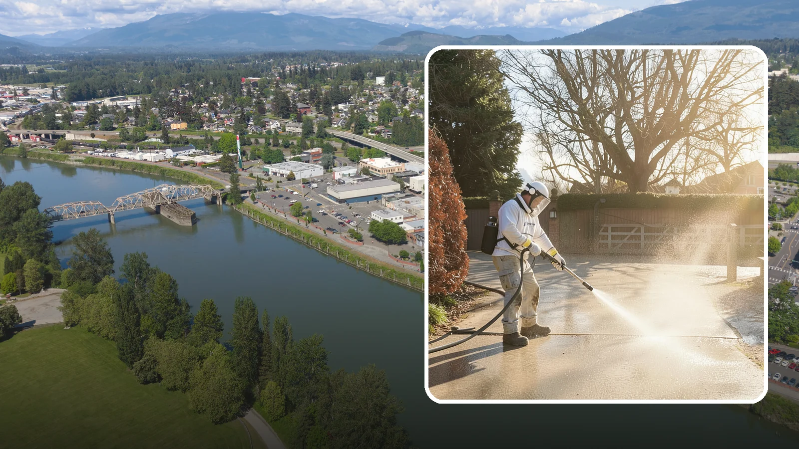 Concrete Driveway Cleaning in Mount Vernon, Skagit County, WA - Deep cleaning for poured concrete driveways that lifts ingrained dirt and biological growth from the porous surface.