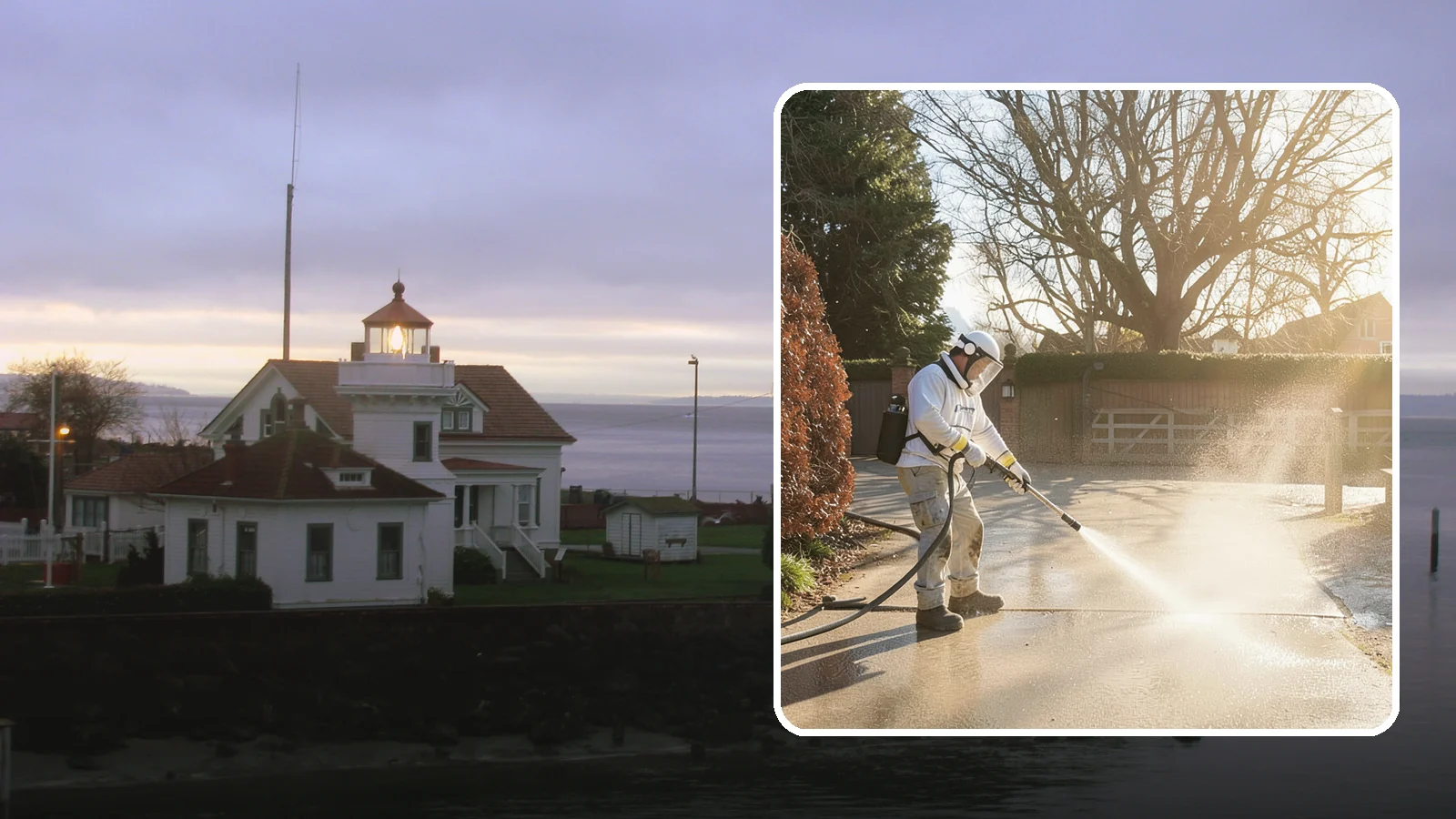 Concrete Driveway Cleaning in Mukilteo, Snohomish County, WA - Deep cleaning for poured concrete driveways that lifts ingrained dirt and biological growth from the porous surface.
