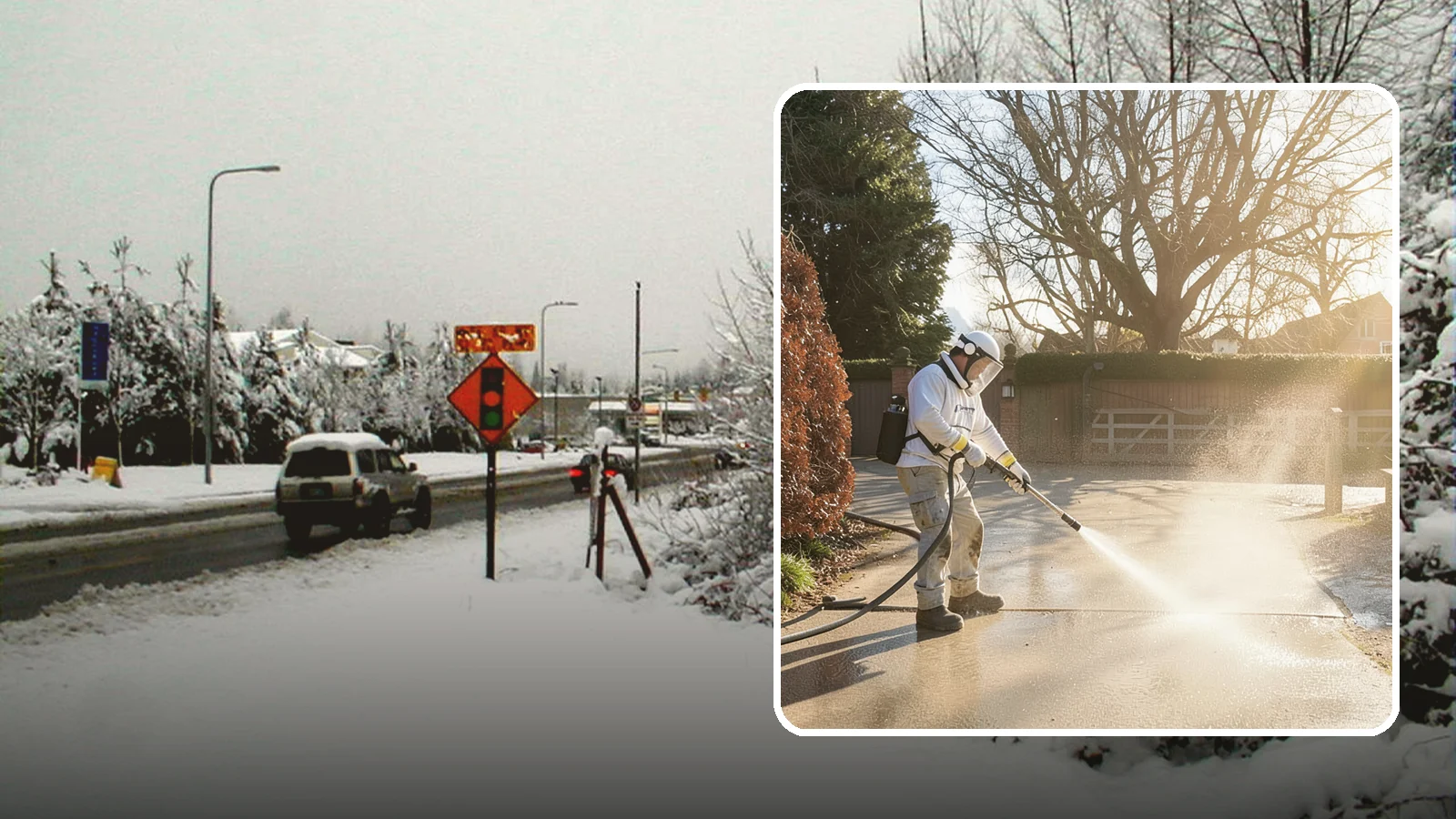 Concrete Driveway Cleaning in Newcastle, King County, WA - Deep cleaning for poured concrete driveways that lifts ingrained dirt and biological growth from the porous surface.